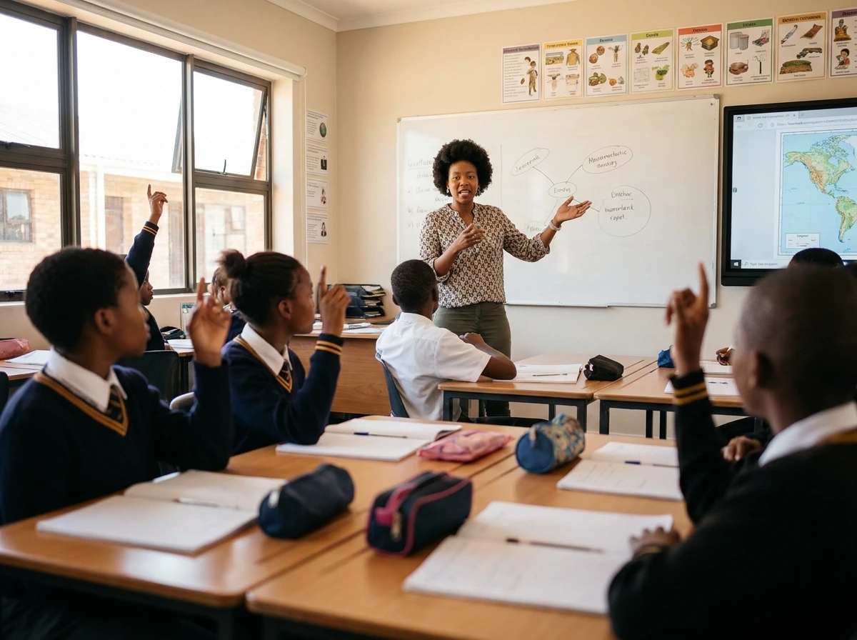 A teacher leading a classroom of students