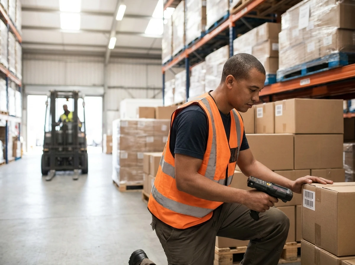 A warehouse worker scanning a delivery box