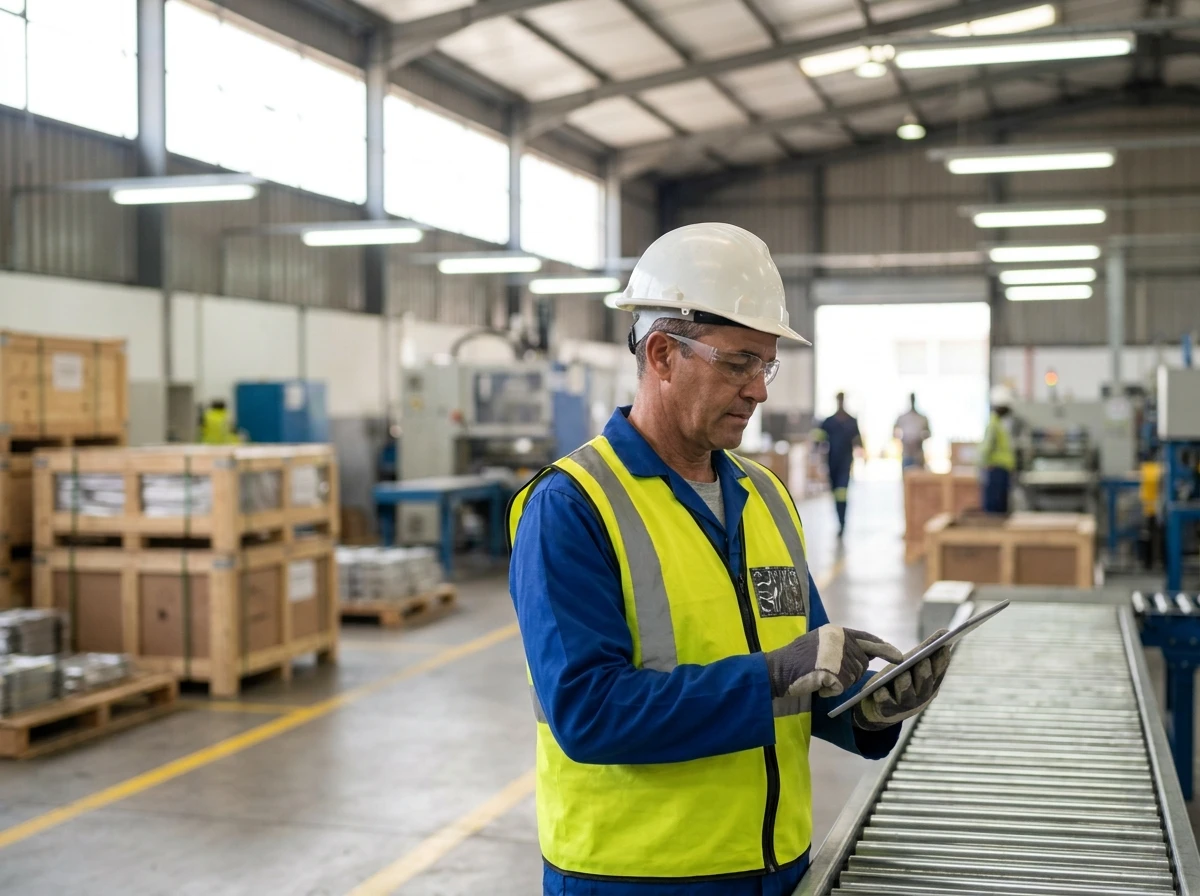 A factory worker checking a job on a tablet