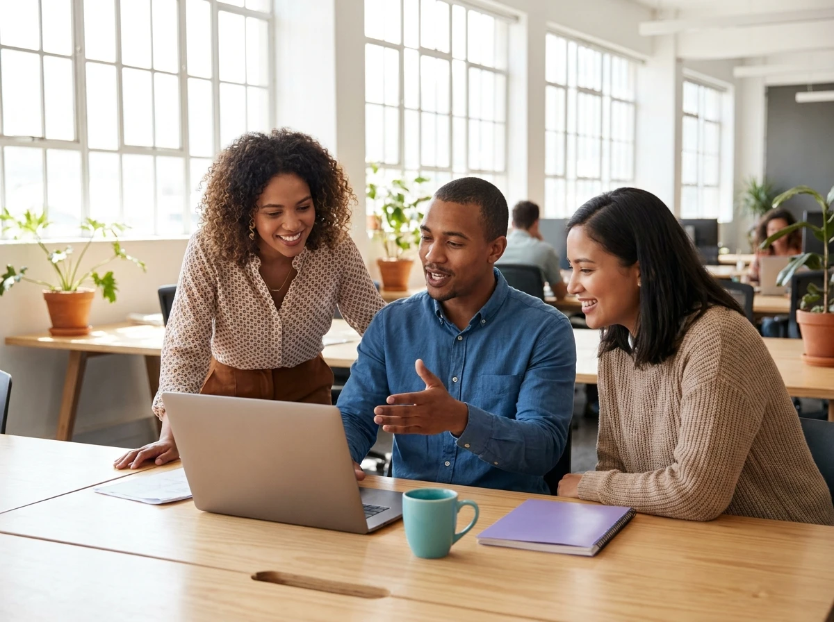 A team collaborating around a laptop in an office