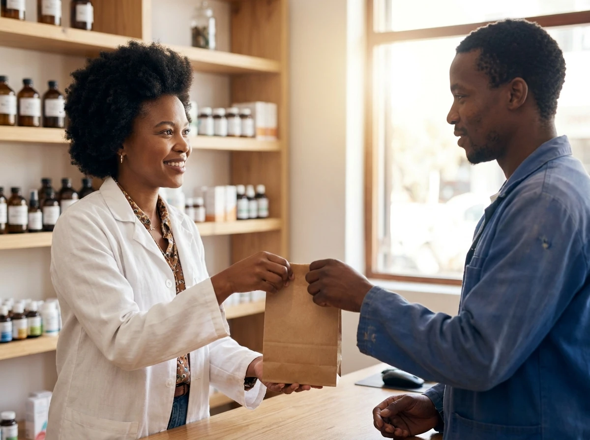 A pharmacist handing a customer their order