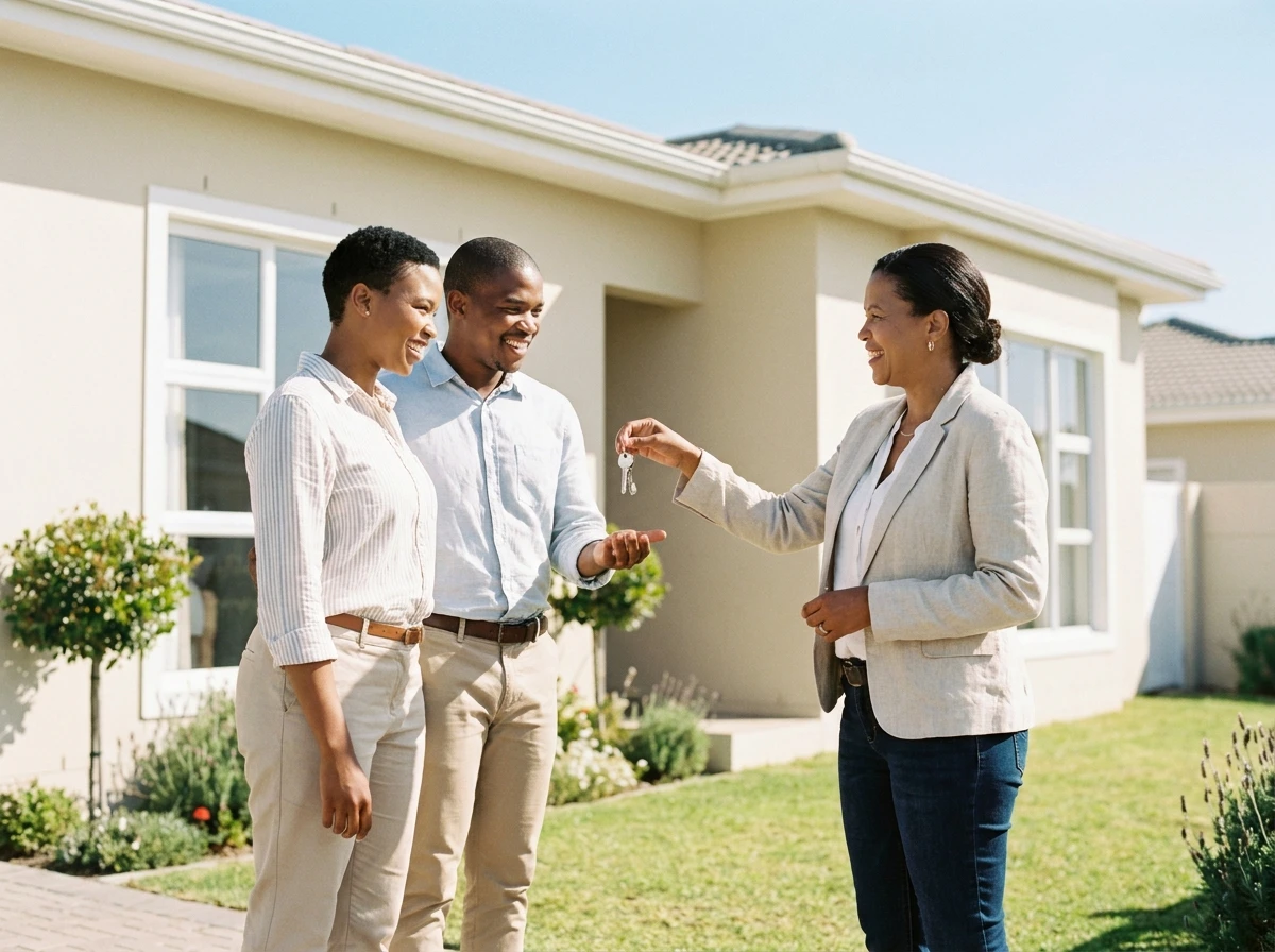 An estate agent handing over house keys to a new family