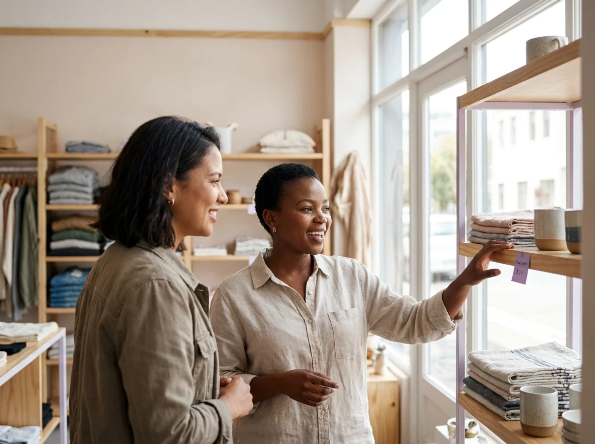 Two customers browsing shelves in a retail store