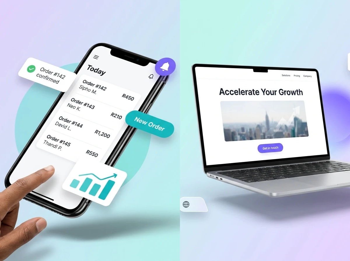 A phone app and desktop dashboard showing today's orders and weekly sales