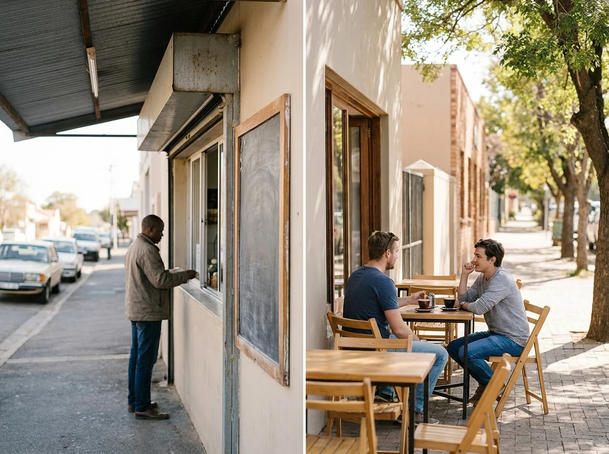 A small food storefront and an outdoor café table